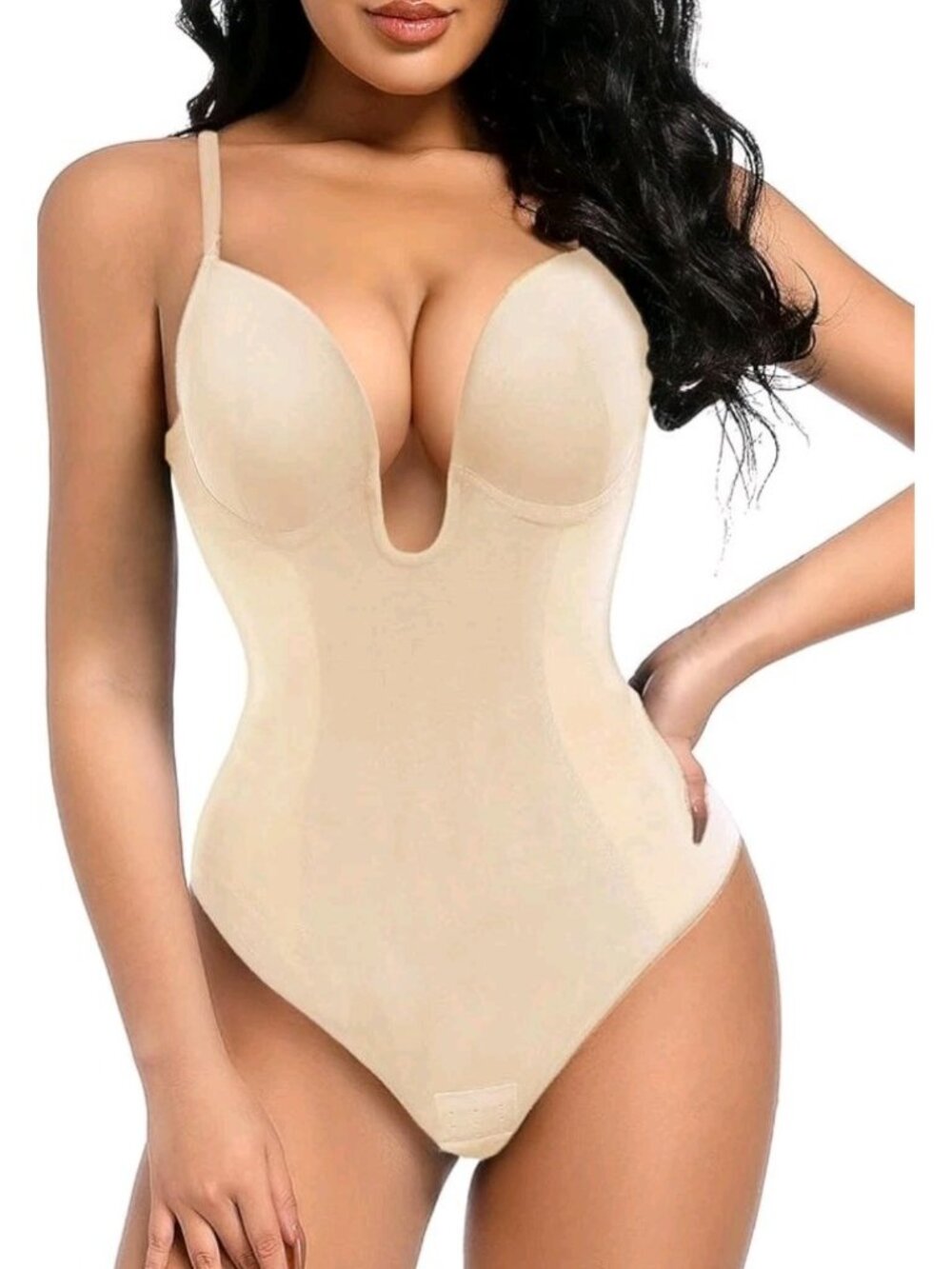 Decorus Women XL Low Back Shapewear Tummy Control Deep V Neck Body Shaper Beige